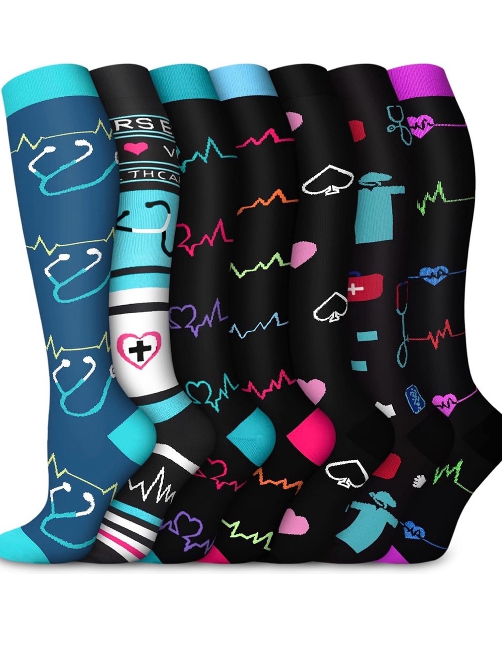 Nurse Pattern Compression Socks - Assorted 7 Pairs NEW